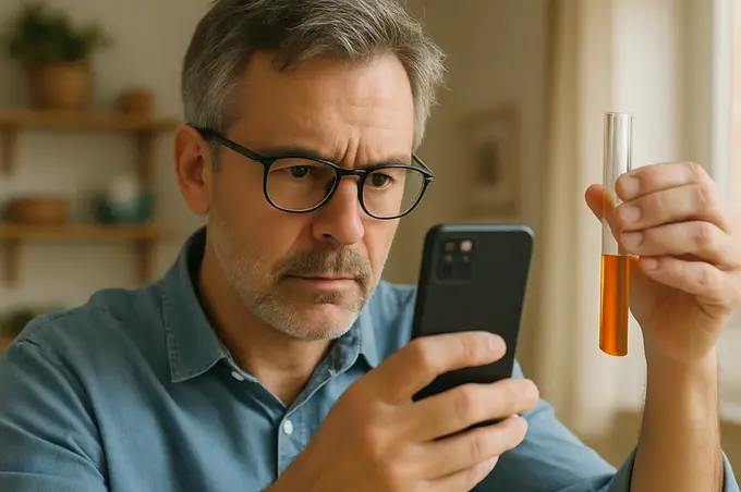KI-generiertes Bild. Es zeigt einen Mann, der in der einen Hand ein Smartphone und in der anderen Hand ein Röhrchen mit roter Flüssigkeit hält.