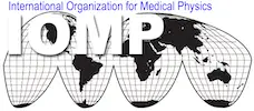 Logo of the International Organization for Medical Physics, displaying the acronym "IOMP" with a stylized globe in the background. The text highlights the organization's commitment to medical physics on a global scale.