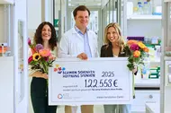 Pressebild_Spendenverkündung_Blumenkampagne2025 - 1 Drei lächelnde Personen halten in einem Forschungslabor einen großen symbolischen Spendenscheck mit der Aufschrift „Blumen schenken, Hoffnung spenden – 122.553 € für eine Kindheit ohne Krebs“. Zwei Frauen halten bunte Blumensträuße.