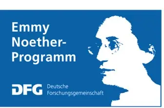 Logo for the Emmy Noether Program, featuring a silhouette of Emmy Noether against a blue background. The text "DFG Deutsche Forschungsgemeinschaft" is included, highlighting support for early-career researchers in the field of mathematics and natural sciences.