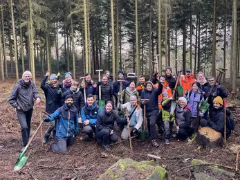 A group gathers with shovels in a forest section with freshly planted saplings.