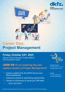 Image zeigt ein Veranstaltungsposter für den Karrieretag am 24. Oktober 2025 im Deutschen Krebsforschungszentrum. Der Fokus liegt auf Projektmanagement, mit Informationen zu Karrieremöglichkeiten, Podiumsdiskussionen und Workshops für Fachleute und Alumni.