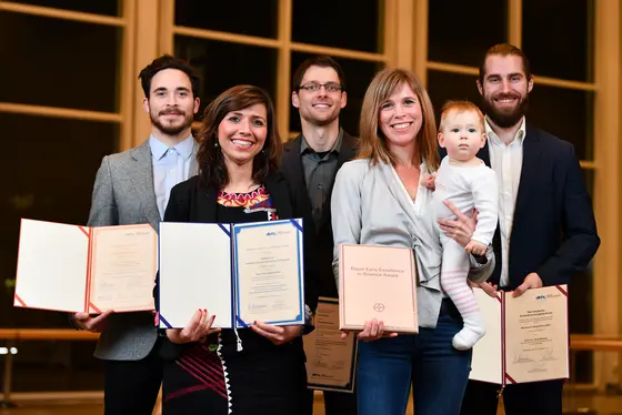 From left to right: Christoph Geisenberger (Andreas Zimprich-Award); Elham Pishali (Richtzenhain-Award); Daniel Hasche (Nicola Werner Award); Theresa Bunse (Bayer Early Excellence in Science Award); David Brocks (Waltraud-Lewenz-Award).