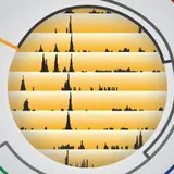 The image features a circular graph with a central bright orange area displaying black waveform peaks, suggesting data representation or analysis. Surrounding the circle are segmented lines in various colors, contributing to a complex visual structure that emphasizes the central data patterns.