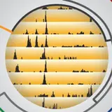 The image features a circular graph with a central bright orange area displaying black waveform peaks, suggesting data representation or analysis. Surrounding the circle are segmented lines in various colors, contributing to a complex visual structure that emphasizes the central data patterns.