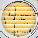 The image features a circular graph with a central bright orange area displaying black waveform peaks, suggesting data representation or analysis. Surrounding the circle are segmented lines in various colors, contributing to a complex visual structure that emphasizes the central data patterns.