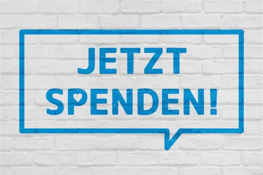 Schriftzug "Jetzt spenden!" in Sprechblase