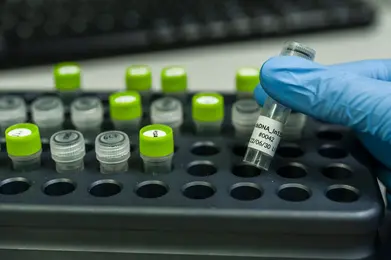 A gloved hand holds a labeled test tube containing DNA, poised above a rack with multiple sample vials. The rack has a mix of clear and green-capped containers. The setting appears to be a laboratory focused on scientific research.