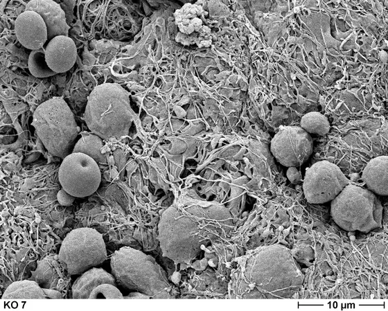 Scanning electron microscopy image of impaired ependymal cell layer within a brain ventricle following loss of Mpdz gene