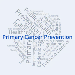 Word cloud with the terms Primary Cancer Prevention,Primary, Cancer, Prevention, Public Health, Epidemiology, Health, Implementation, Lifestyle, Tobacco Control, Simulation, Policies, Oncology, Strategies, Evaluation, Study, Screening, Modeling, Risk, Approaches, Population, Impact, Incidence, Specificity, Equity, Smoking, Sensitivity, Mortality, Cohort, Population, Health System, Targeted, Obesity, Alcohol, Exercise, Family History, Efficacy, Risk-adapted, Setting and Environment 