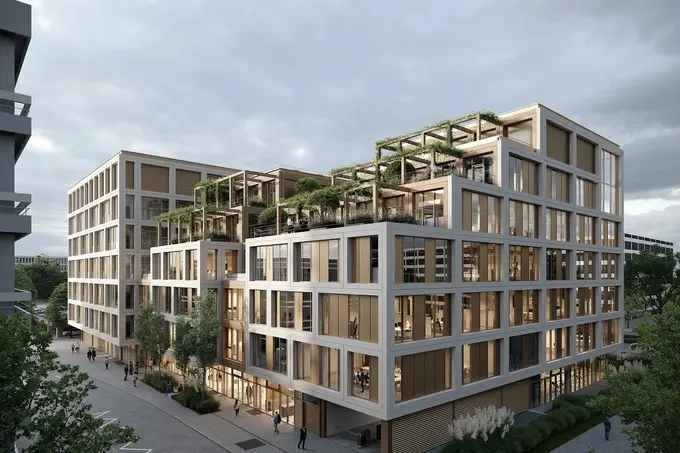 Architektonische Visualisierung eines modernen Neubaus im Neuenheimer Feld, Heidelberg. Das Gebäude verfügt über große Glasfassaden und begrünte Terrassen. Menschen gehen entlang der Straße, während in den Innenräumen Licht brennt.