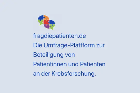 Logo featuring colorful puzzle pieces representing communication and collaboration. The accompanying text reads, "fragdiepatienten.de - The survey platform for patient participation in cancer research." This promotes engagement between patients and research efforts in oncology.