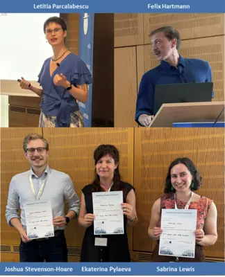 The image features four individuals associated with a postdoctoral program: Letitia Parcalabescu and Felix Hartmann presenting at the top, and Joshua Stevenson-Hoare, Ekaterina Pylaeva, and Sabrina Lewis holding certificates at the bottom. They appear engaged in a professional and collaborative environment.