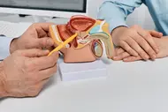 Doctor consulting man patient with suspected prostate cancer usi Ein Arzt zeigt mit einem Bleistift auf ein anatomisches Modell des menschlichen Körpers. Eine weitere Person betrachtet das Modell aufmerksam. Die Szene findet in einem Büro oder Beratungsraum statt, wobei der Fokus auf der Erklärung der Anatomie liegt.