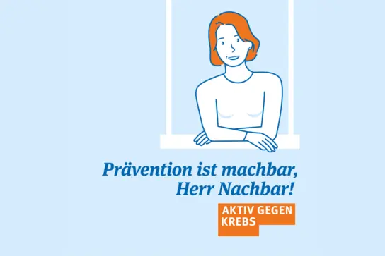 Graphic with slogan “ Prävention ist machbar, Herr Nachbar (Prevention is doable, Mr. Neighbour!)”. Above it is a sketched woman within a white frame.