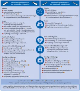 In der Mitte Symbole für Nikotin, Lunge, Herz-Kreislaufsystem, Schwangerschaft und einen Arztkoffer, darum herum eine Auflistung der Gesundheitsgefahren