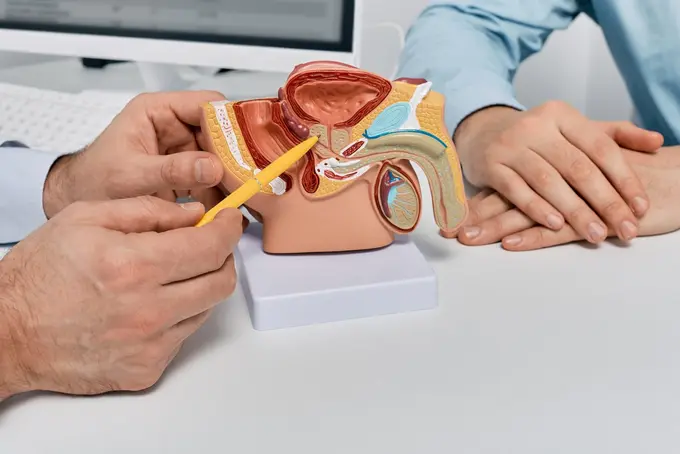 Doctor consulting man patient with suspected prostate cancer usi