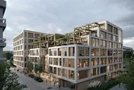 Architektonische Visualisierung eines modernen Neubaus im Neuenheimer Feld, Heidelberg. Das Gebäude verfügt über große Glasfassaden und begrünte Terrassen. Menschen gehen entlang der Straße, während in den Innenräumen Licht brennt.